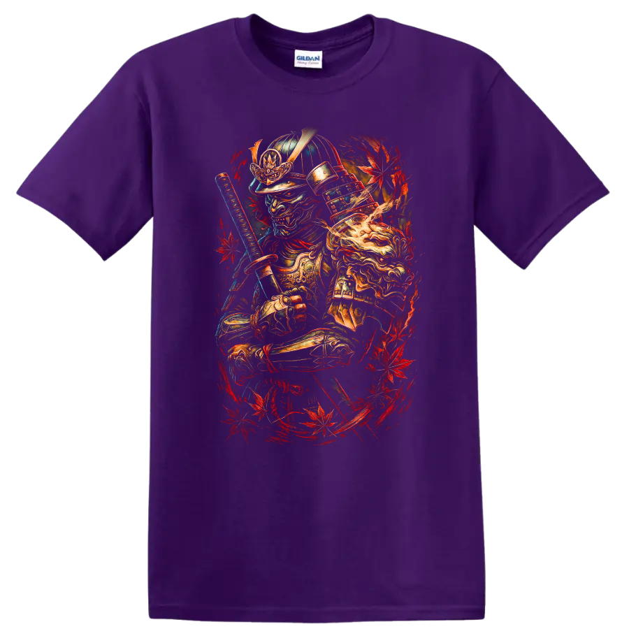 Japanese Samurai Warrior Mask T Shirt with Red Maple Leaves - Purple