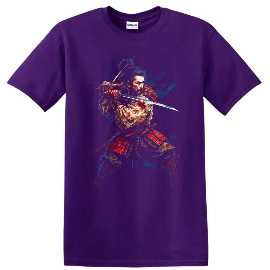 Japanese Samurai Sword Warrior T Shirt Bold Katana Art Graphic Tee - Purple
