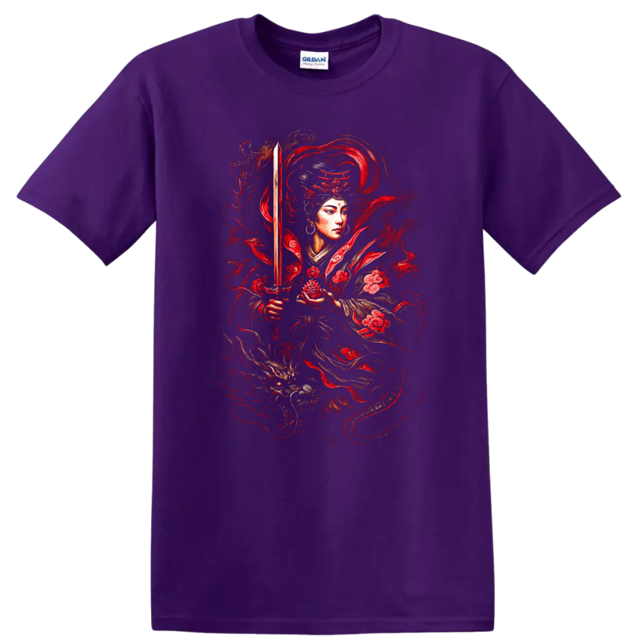 Japanese Warrior Katana Red Floral Samurai T Shirt - Purple