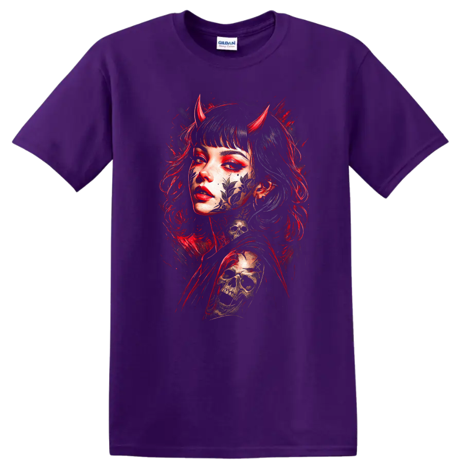 Japanese Style Demon Girl Skull Graphic T Shirt Red and Black - Purple