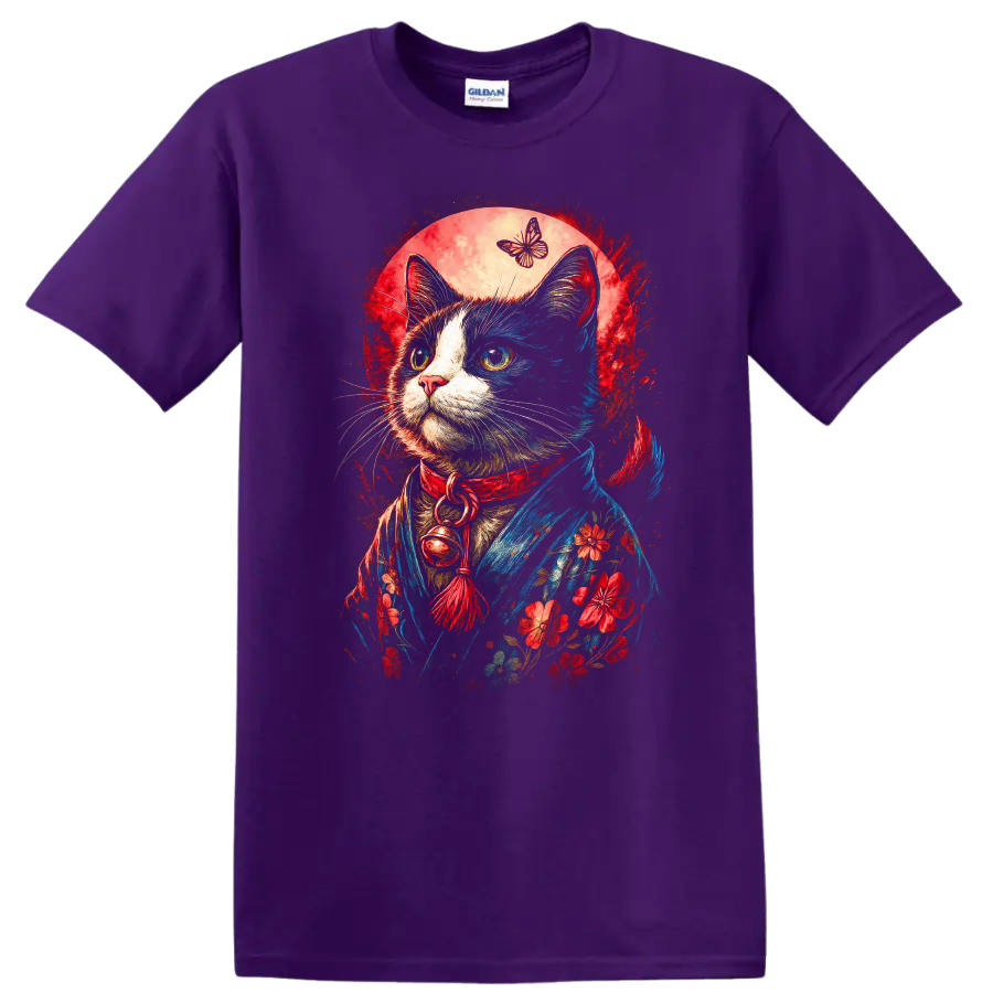 Japanese Style Cat and Butterfly Floral Art T Shirt for Cat Lovers - Purple