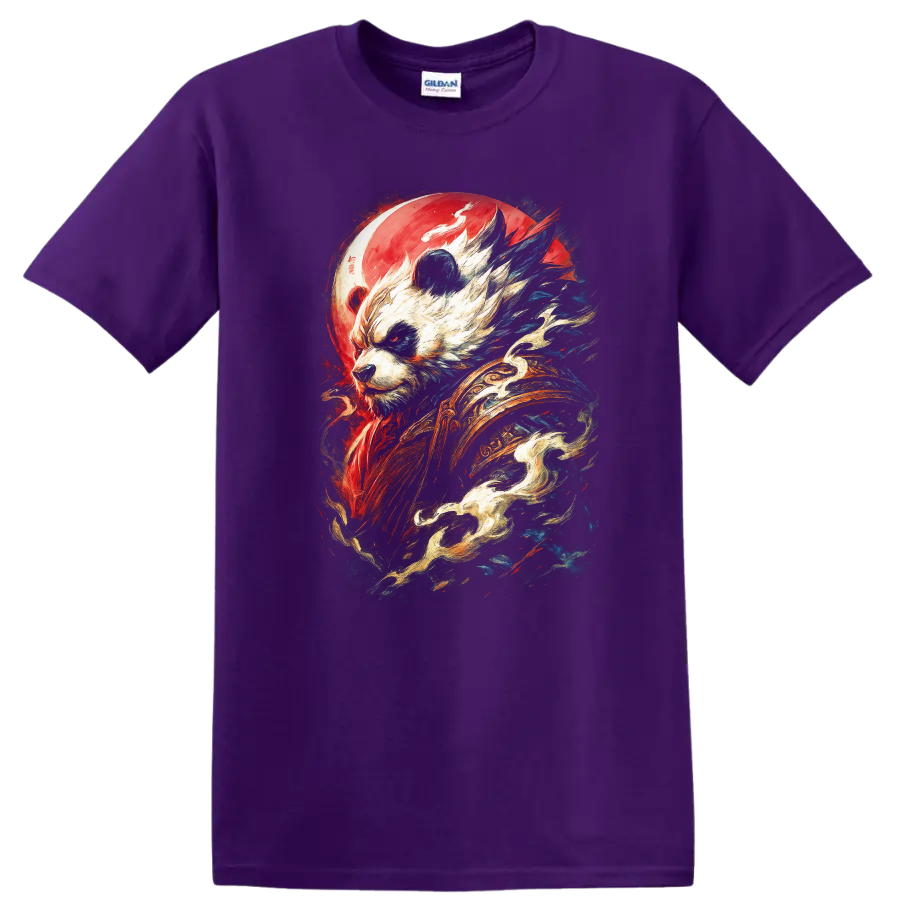 Japanese Style Panda Warrior Art T Shirt Bold Red Blue Mystic Design - Purple