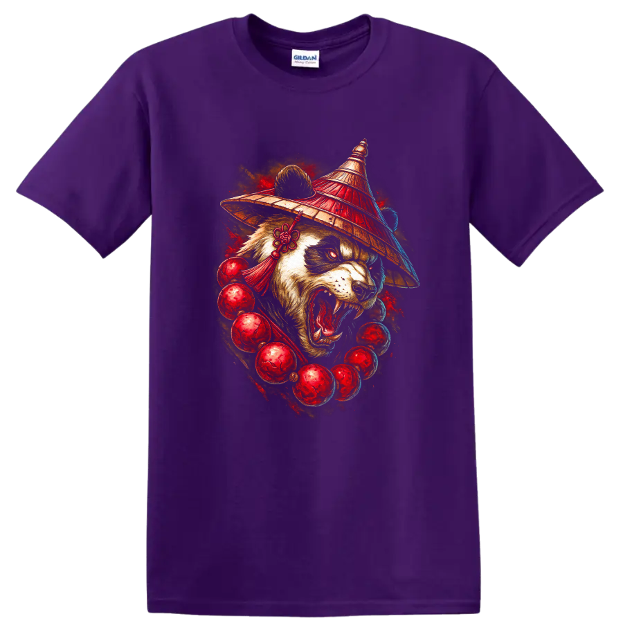 Japanese Panda Warrior Mask T Shirt with Fierce Red Art Graphic - Purple
