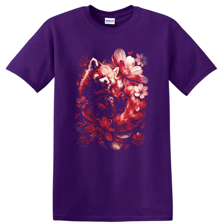 Japanese Style Red Fox Floral Art T Shirt for Nature Lovers - Purple