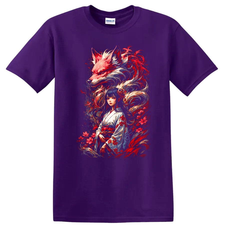 Japanese Style Kitsune Girl and Fox Spirit Anime T Shirt - Purple