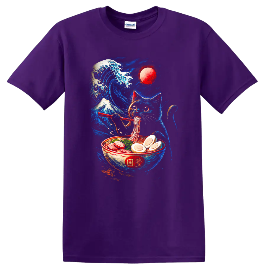Japanese Cat Ramen Wave Moon T Shirt for Sushi and Anime Fans - Purple