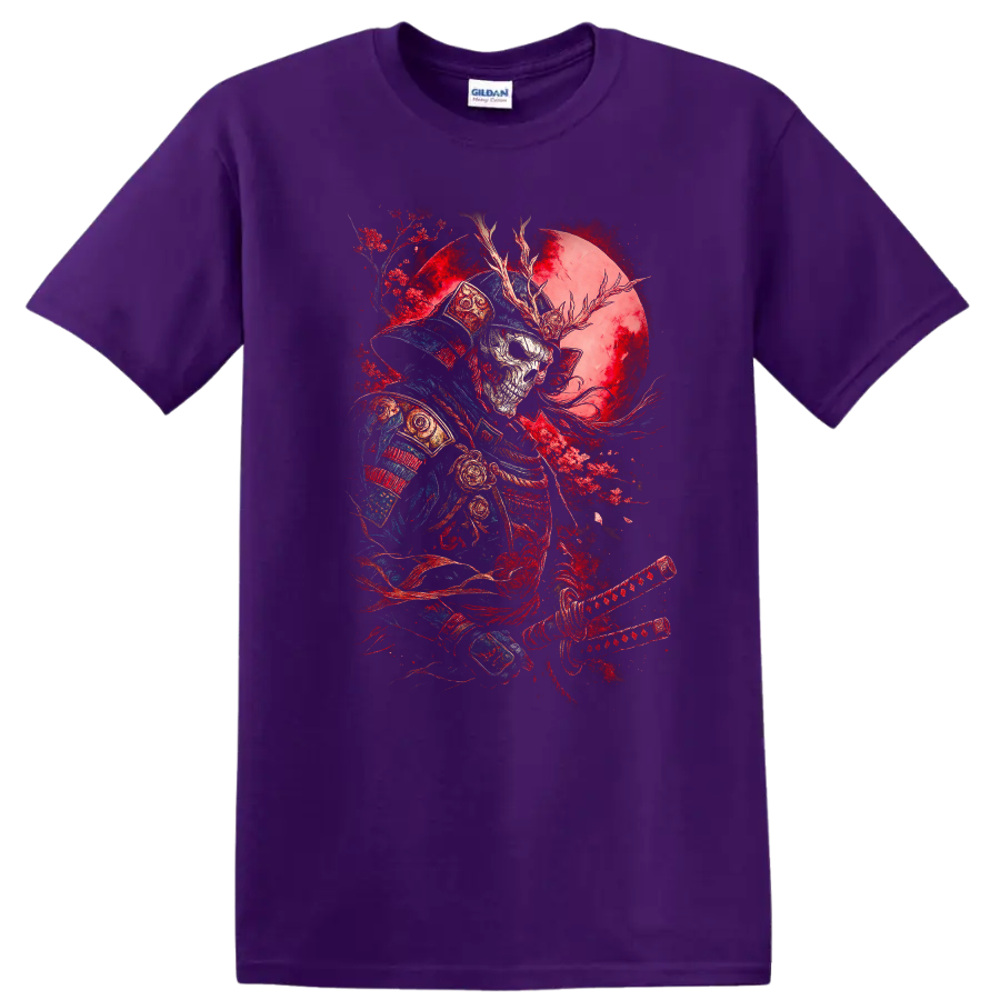 Japanese Samurai Warrior Skull Moon T Shirt Red Blue Art - Purple