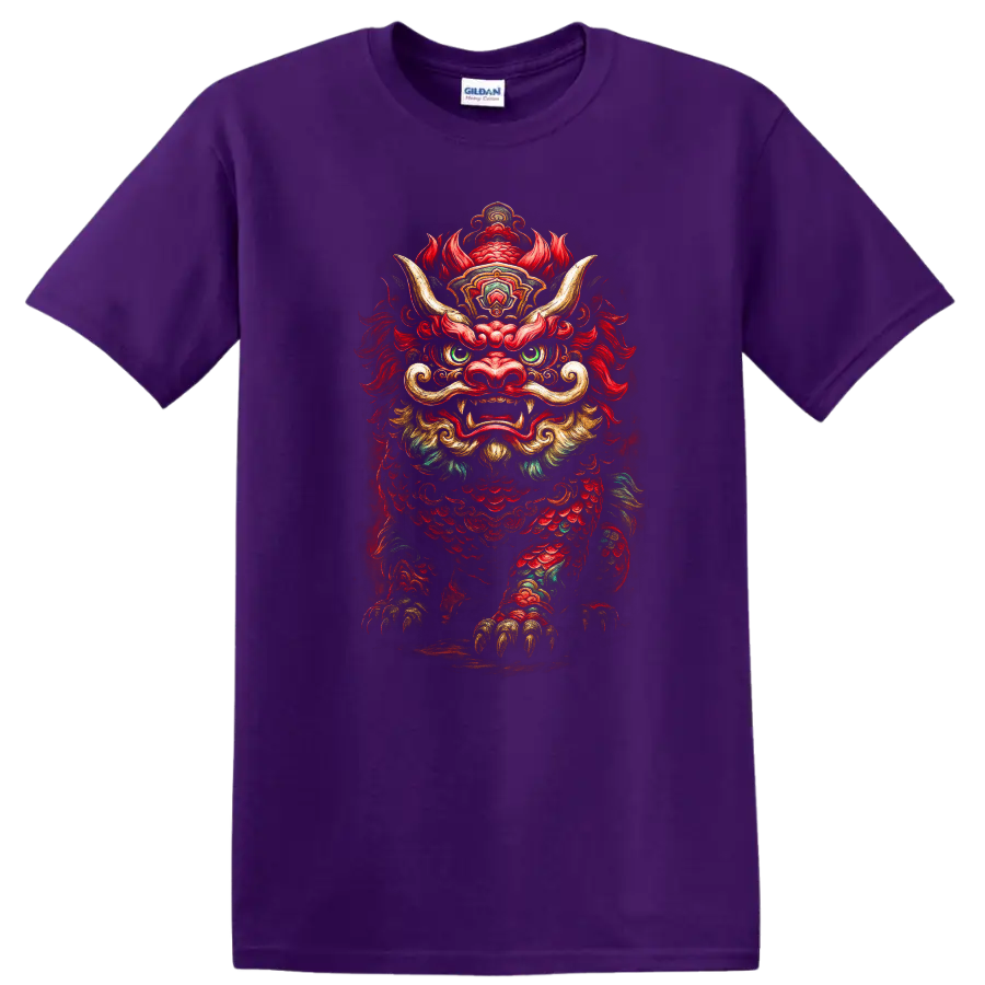 Japanese Foo Lion Dragon Mask T Shirt Colorful Mythic Creature Art - Purple