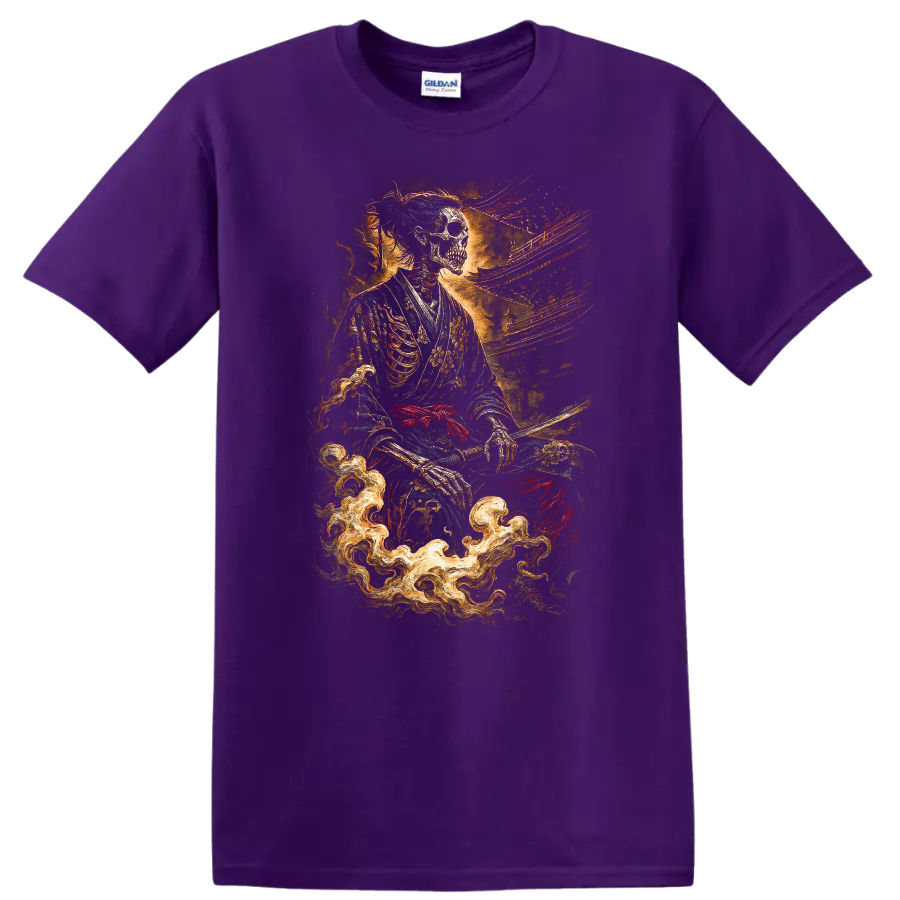 Japanese Style Skeleton Samurai T Shirt with Dark Floral Fire Art - Purple
