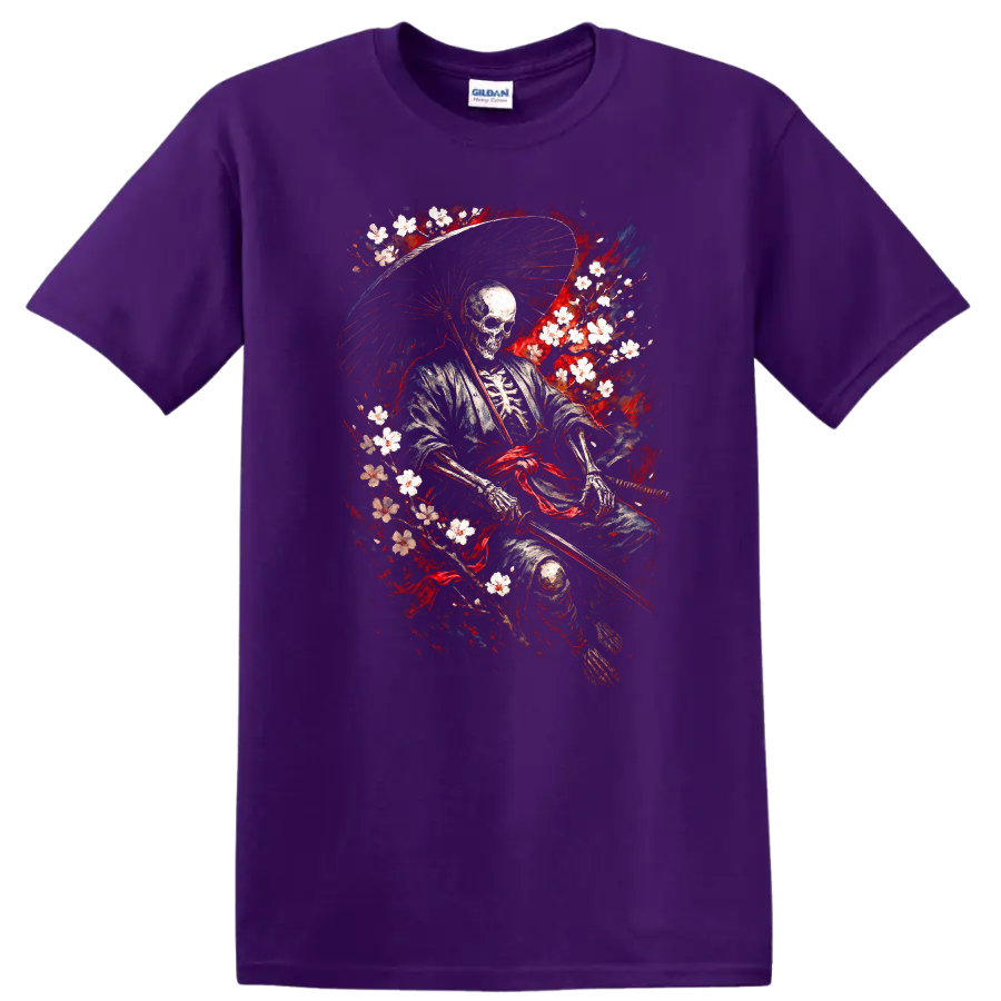 Japanese Skeleton Samurai Warrior T Shirt, Vintage Ink Style - Purple