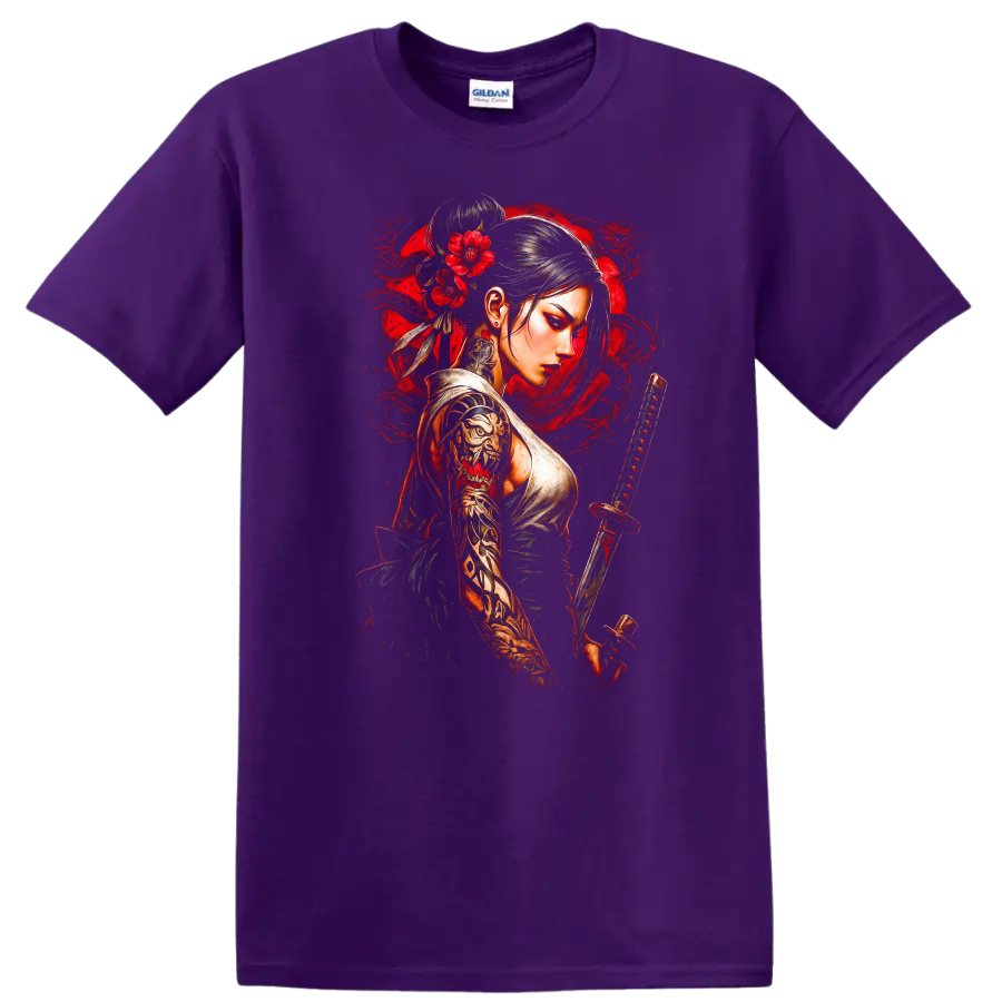 Japanese Warrior Woman Katana Floral Art T Shirt for Anime Style Fans - Purple