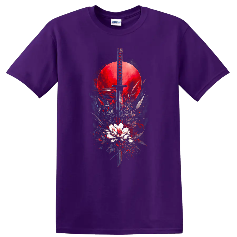 Japanese Style Katana Sword Red Sun Graphic T Shirt - Purple