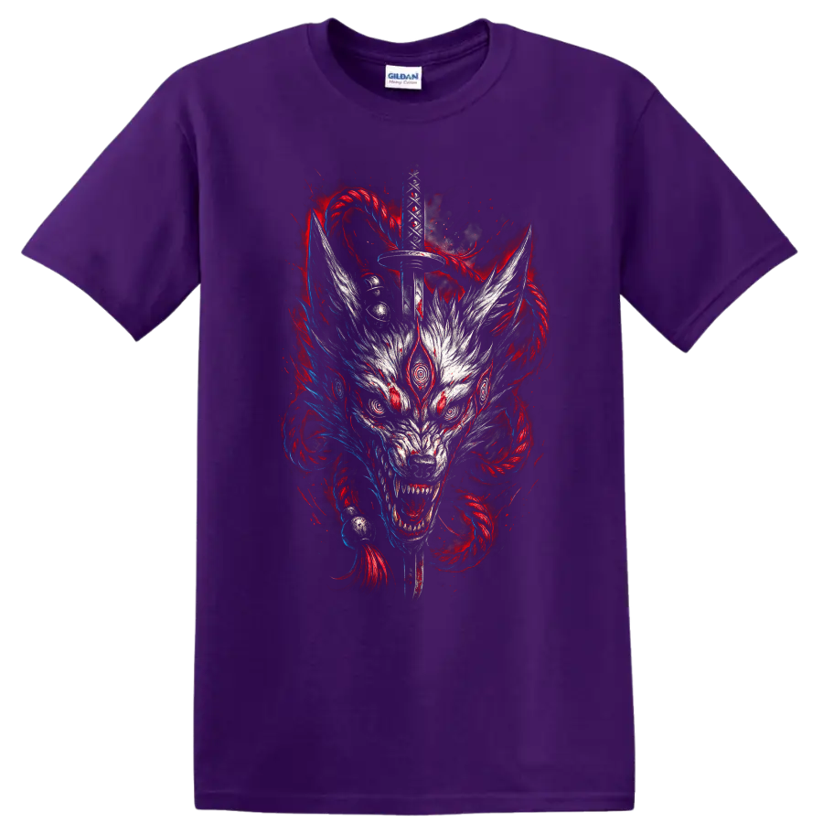 Japanese Style Wolf Sword Graphic T Shirt for Dark Anime Art Fans - Purple