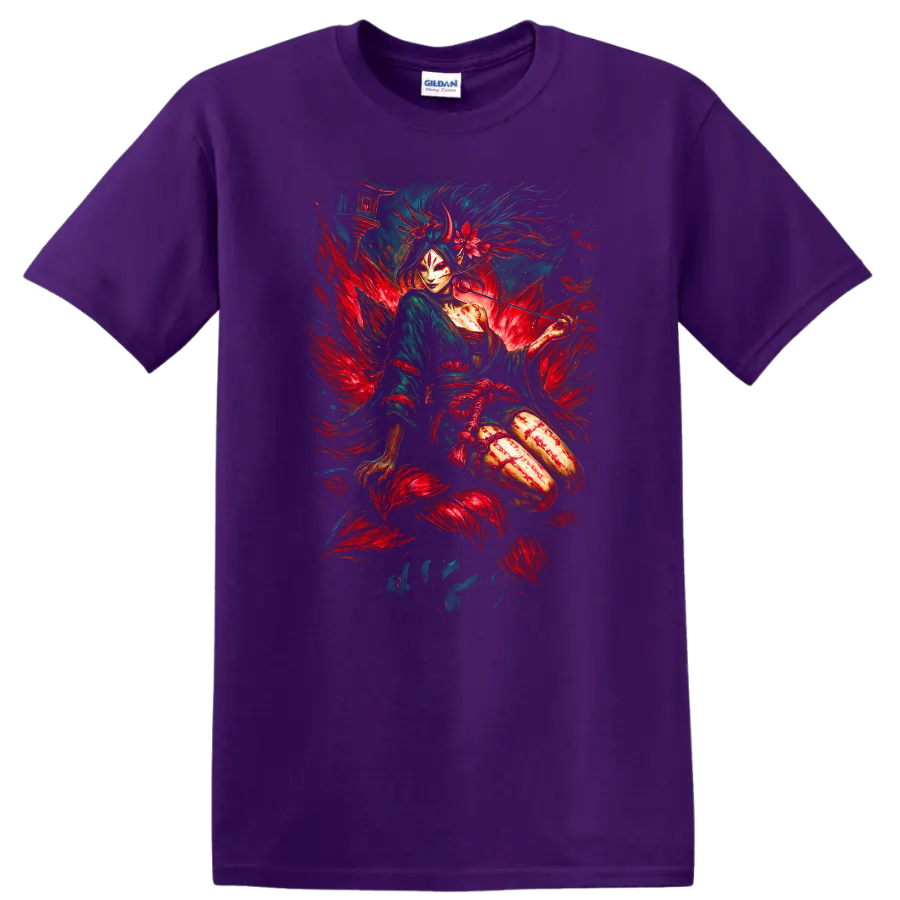 Japanese Geisha Warrior Fox Mask Art T Shirt Mythical Floral Design - Purple