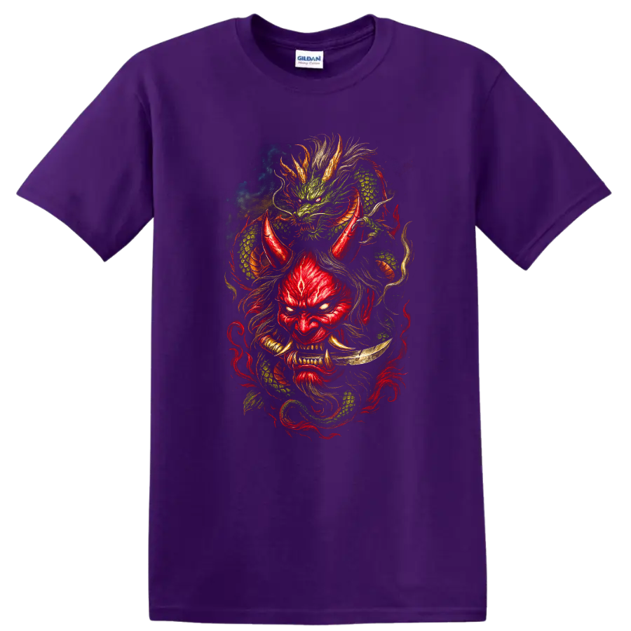 Japanese Style Dragon Mask T Shirt Red and Green Mythic Art - Purple