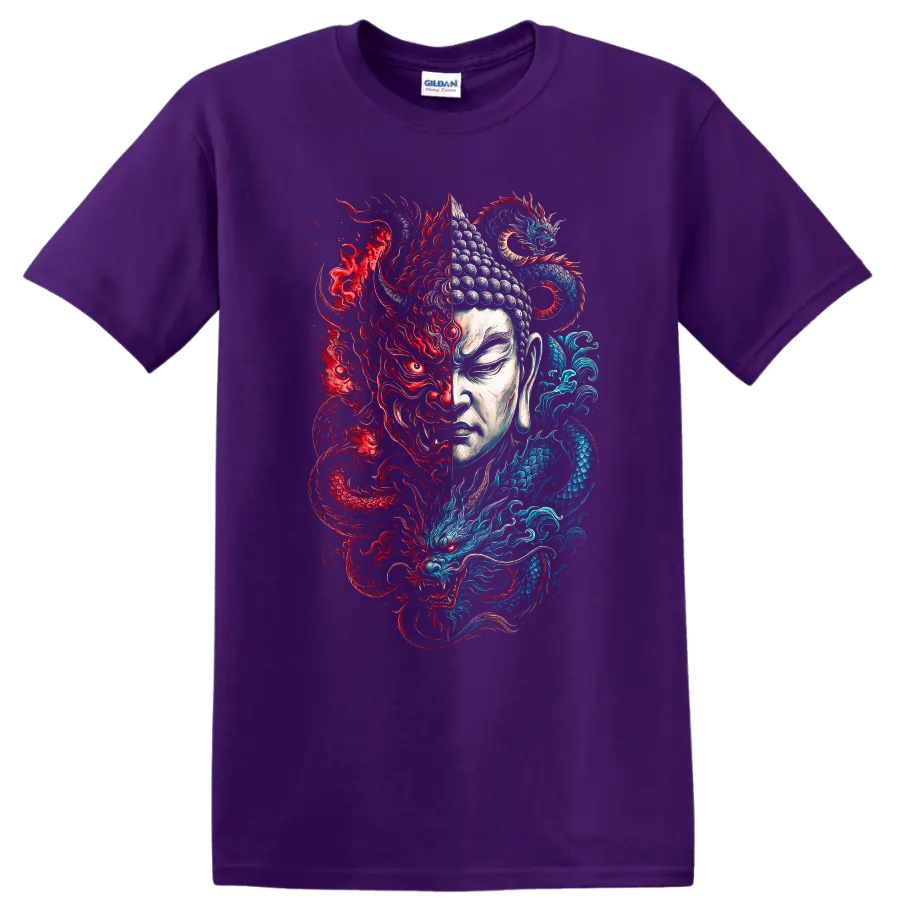 Japanese Style Dragon Buddha T Shirt Red Blue Yin Yang Art - Purple