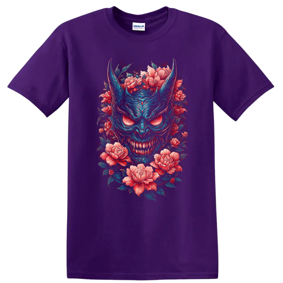 Japanese Oni Demon Mask with Floral Peonies T Shirt - Purple