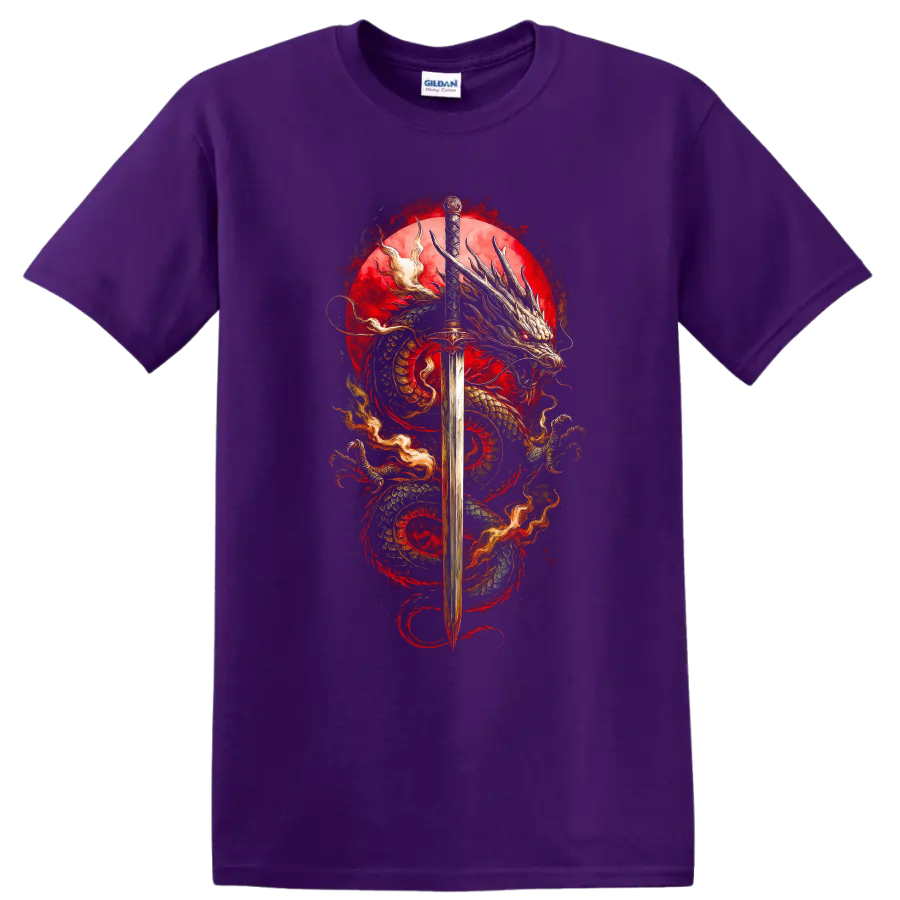 Japanese Dragon Sword Art T Shirt Bold Red Samurai Myth Design - Purple