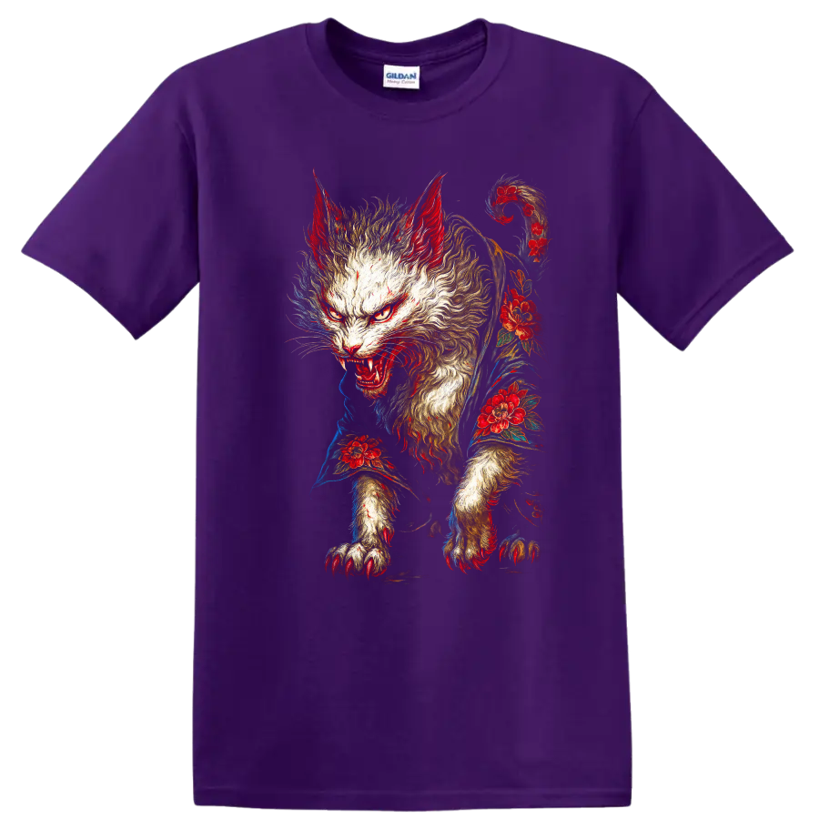 Japanese Style Fierce Cat Floral Art Graphic T Shirt - Purple