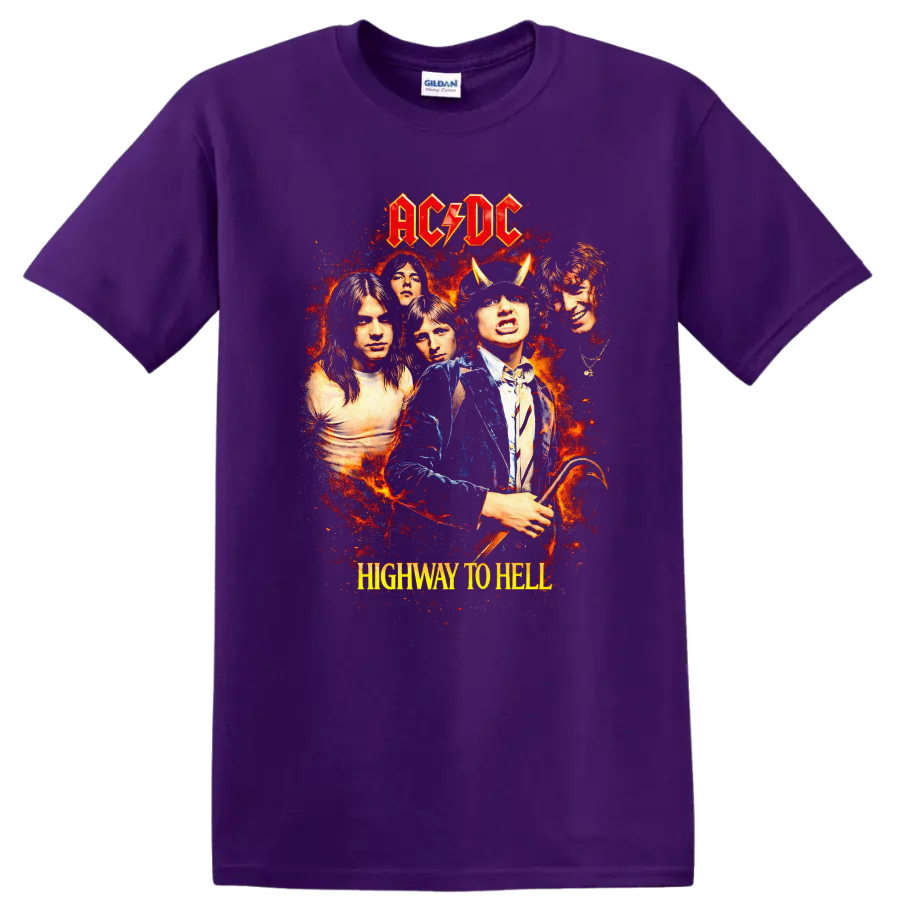 AC/DC Highway to Hell Vintage Classic Rock T Shirt on a Purple T Shirt