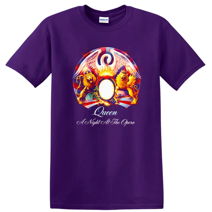 Queen Vintage Classic Rock Album Cover Art T Shirt on a Purple T Shirt
