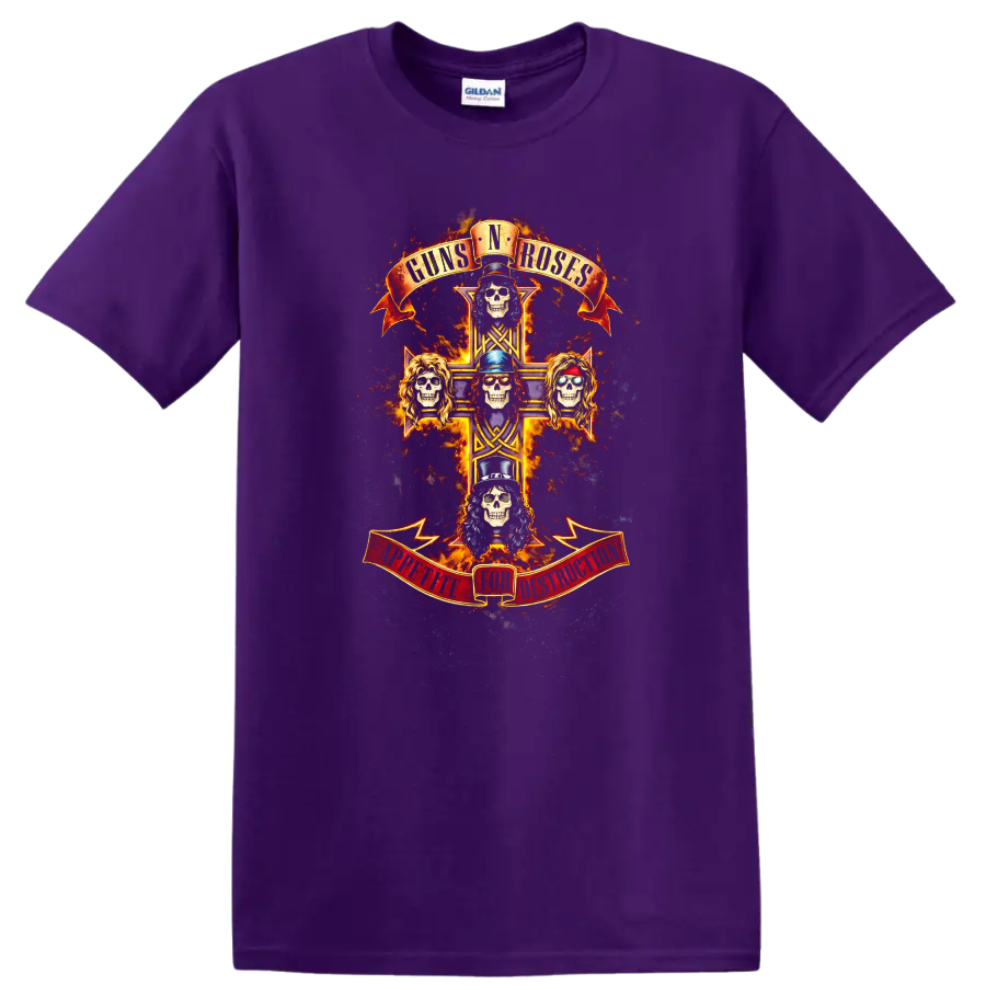 Guns N Roses Vintage Classic Rock Album Cover Art T Shirt on a Purple T Shirt