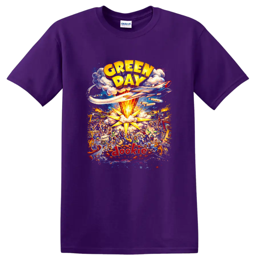 Green Day Dookie Vintage Classic Rock Album Cover Art T Shirt on a Purple T Shirt
