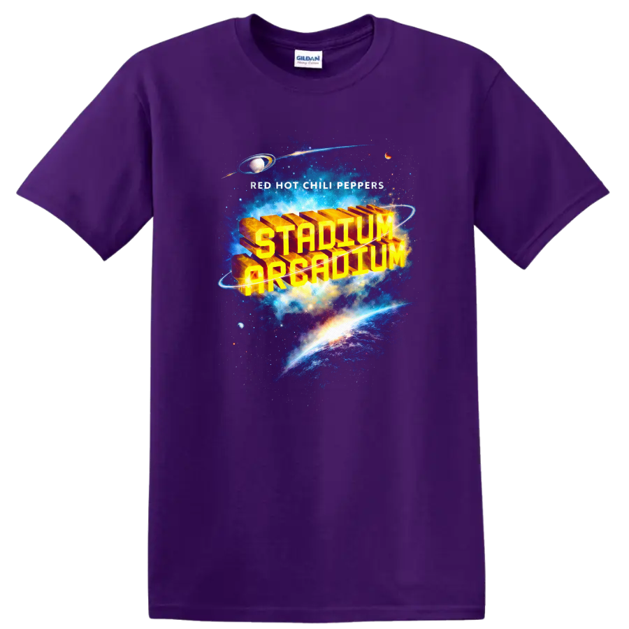 Vintage classic rock album cover art T Shirt featuring Red Hot Chili Peppers design on a Purple T Shirt