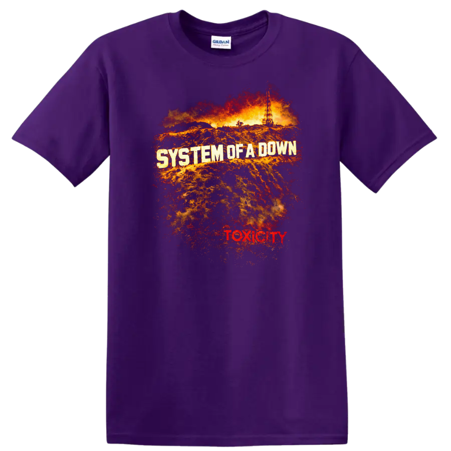 System of a Down Toxicity Vintage Classic Rock T Shirt on a Purple T Shirt