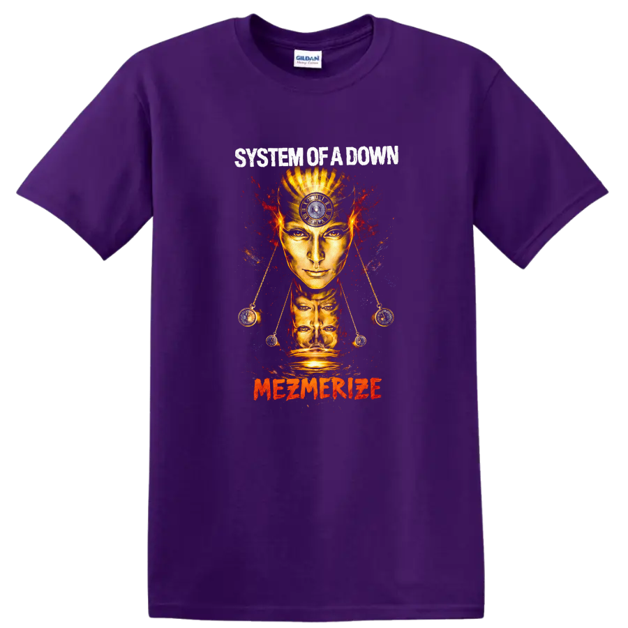 System of a Down Mezmerize Vintage Rock T Shirt on a Purple T Shirt