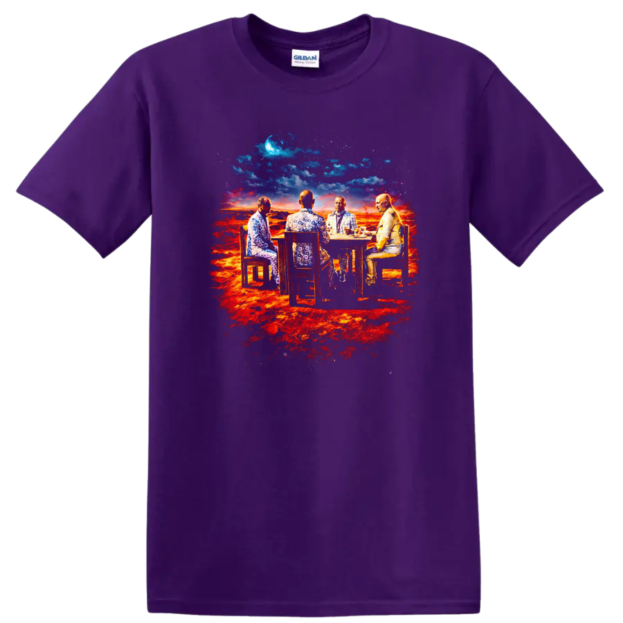 Vintage classic rock album cover art style T Shirt design on a Purple T Shirt
