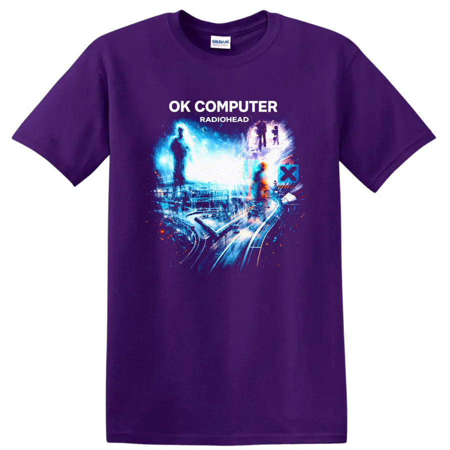 OK Computer Radiohead Vintage Classic Rock Album Cover T Shirt on a Purple T Shirt