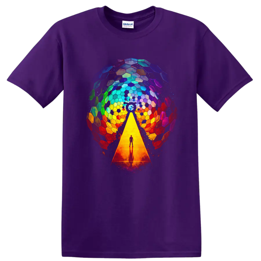 Vintage Classic Rock Album Cover Art T Shirt design featuring colorful hexagons on a Purple T Shirt