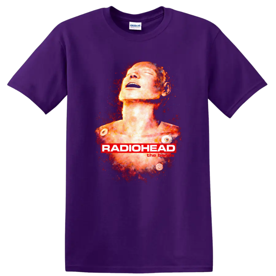 Vintage Classic Rock Album Cover Art Radiohead T Shirt on a Purple T Shirt