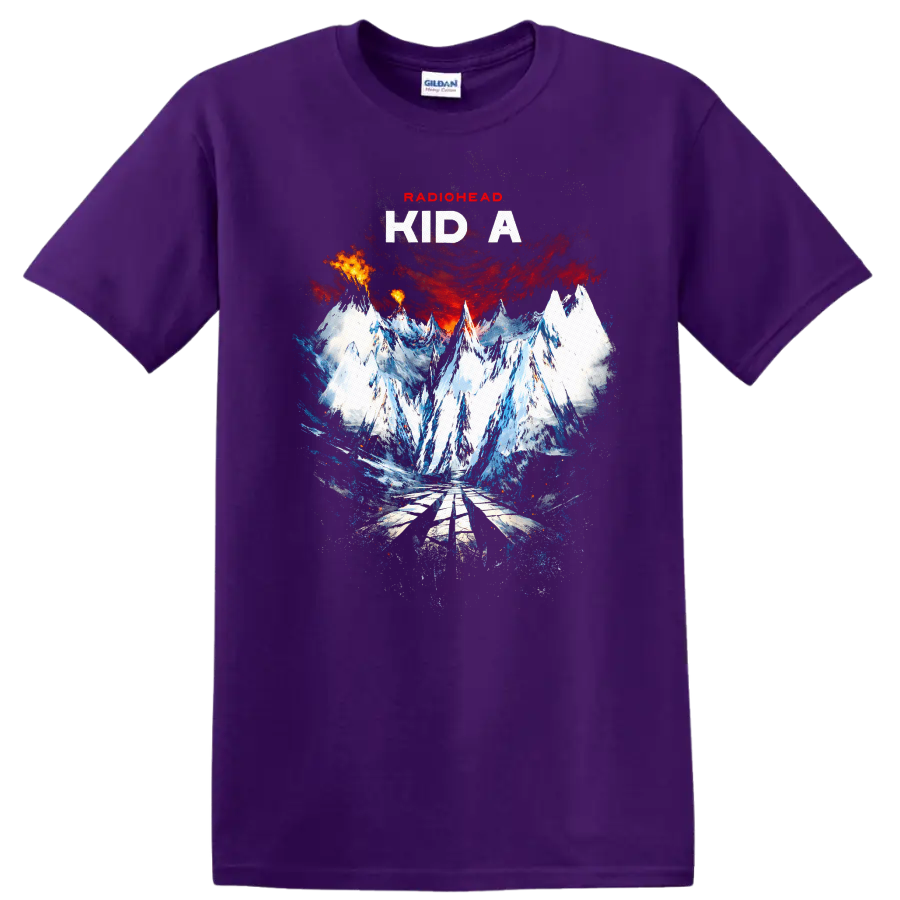 Radiohead Kid A vintage album cover art T Shirt design on a Purple T Shirt