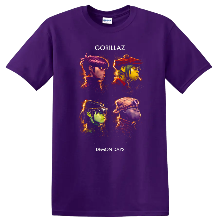 Gorillaz Demon Days Vintage Classic Rock Album Cover Art T Shirt on a Purple T Shirt