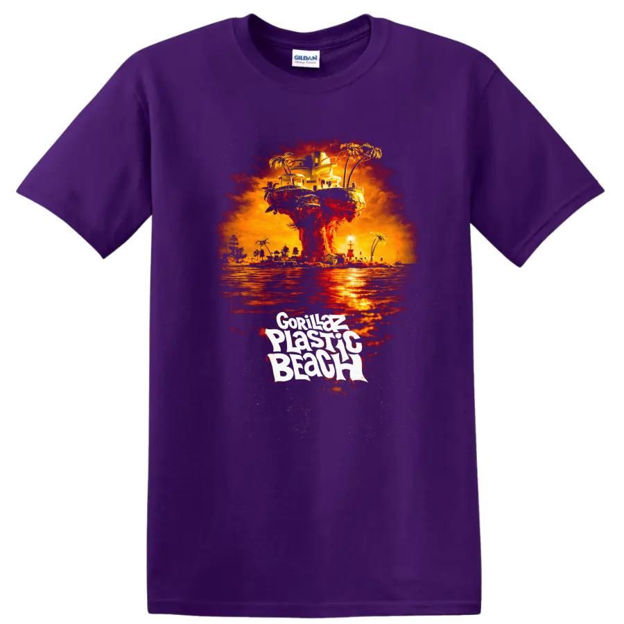 Gorillaz Plastic Beach Vintage Album Cover Art T Shirt on a Purple T Shirt