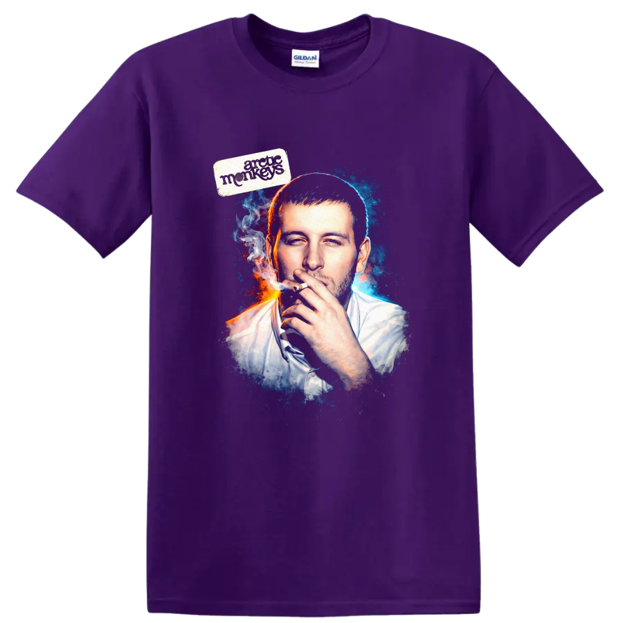 Vintage Arctic Monkeys T Shirt with classic rock album art style on a Purple T Shirt