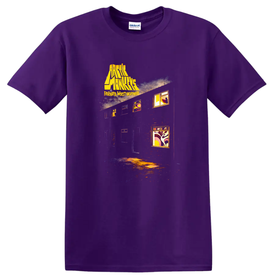Arctic Monkeys Favourite Worst Nightmare Vintage T Shirt on a Purple T Shirt