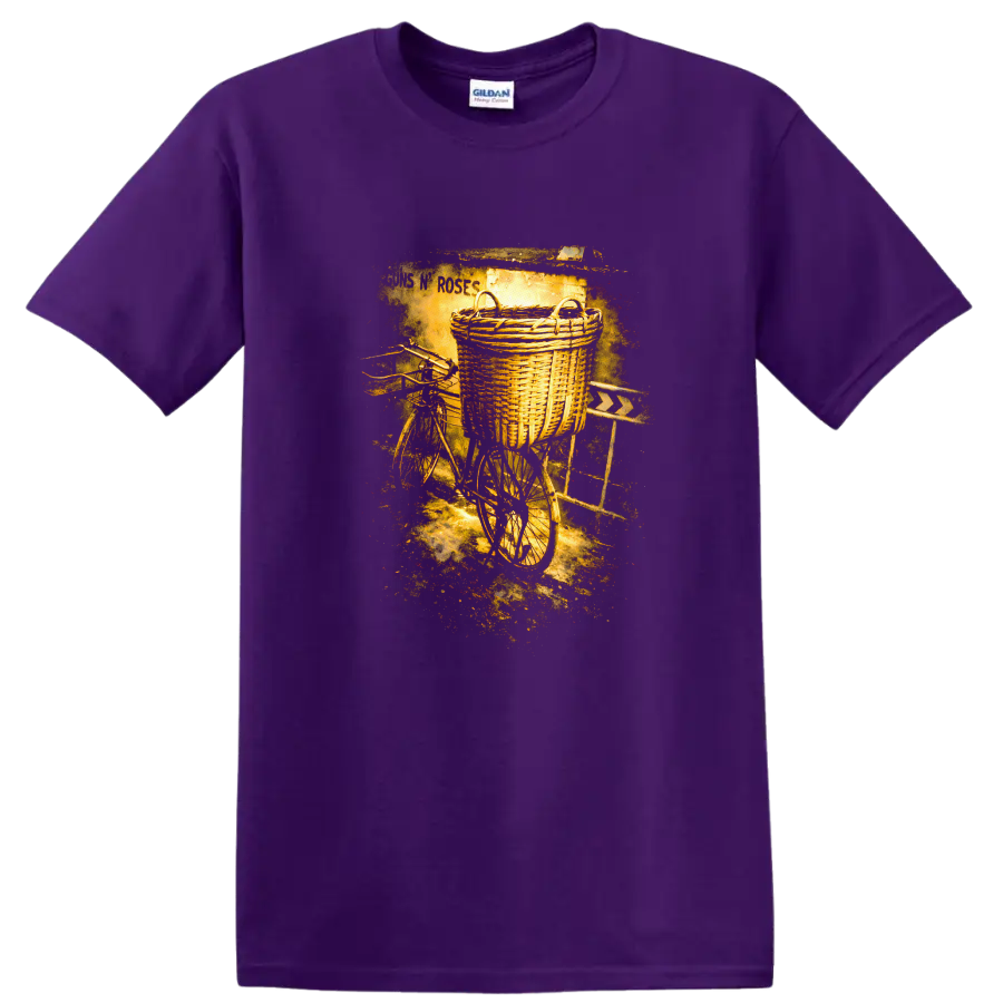 Vintage bicycle with woven basket in classic rock album cover art style on a Purple T Shirt