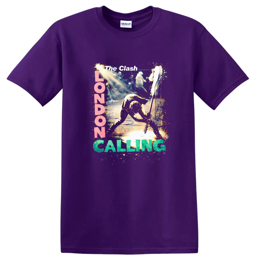 The Clash London Calling Vintage Rock T Shirt on a Purple T Shirt