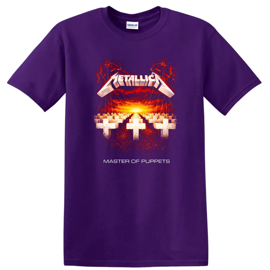 Metallica Master of Puppets Vintage Classic Rock T Shirt on a Purple T Shirt