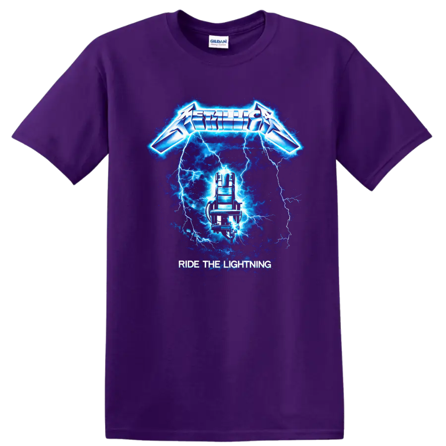 Metallica Ride the Lightning Vintage Classic Rock T Shirt on a Purple T Shirt