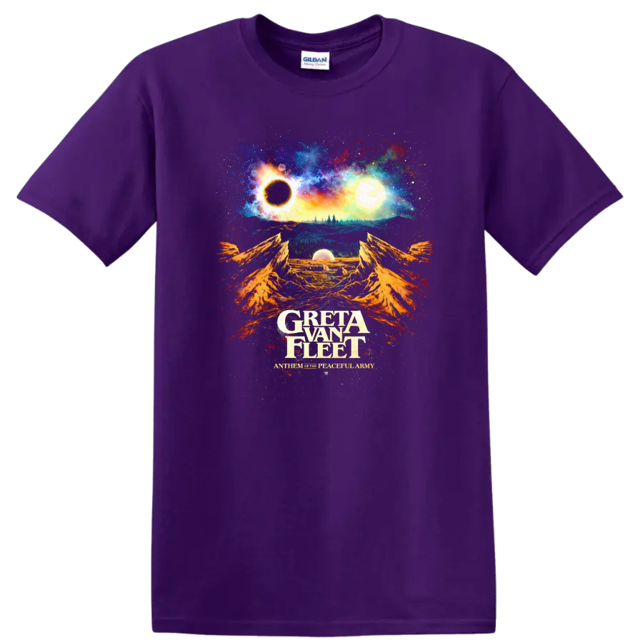 Greta Van Fleet Vintage Classic Rock Album Cover Art T Shirt on a Purple T Shirt