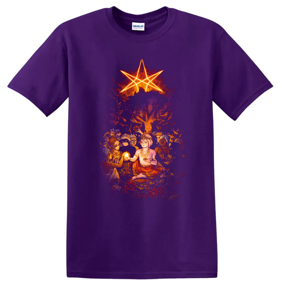 Vintage Classic Rock Album Cover Art T Shirt inspired by Bring Me the Horizon on a Purple T Shirt