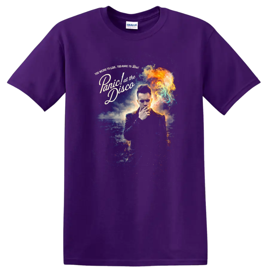 Panic! at the Disco Vintage Classic Rock Album Cover T Shirt on a Purple T Shirt