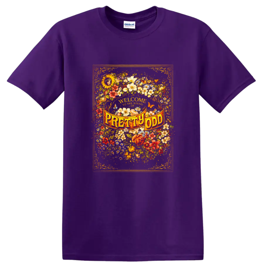 Vintage Classic Rock Album Cover Art T Shirt inspired by Panic! at the Disco on a Purple T Shirt
