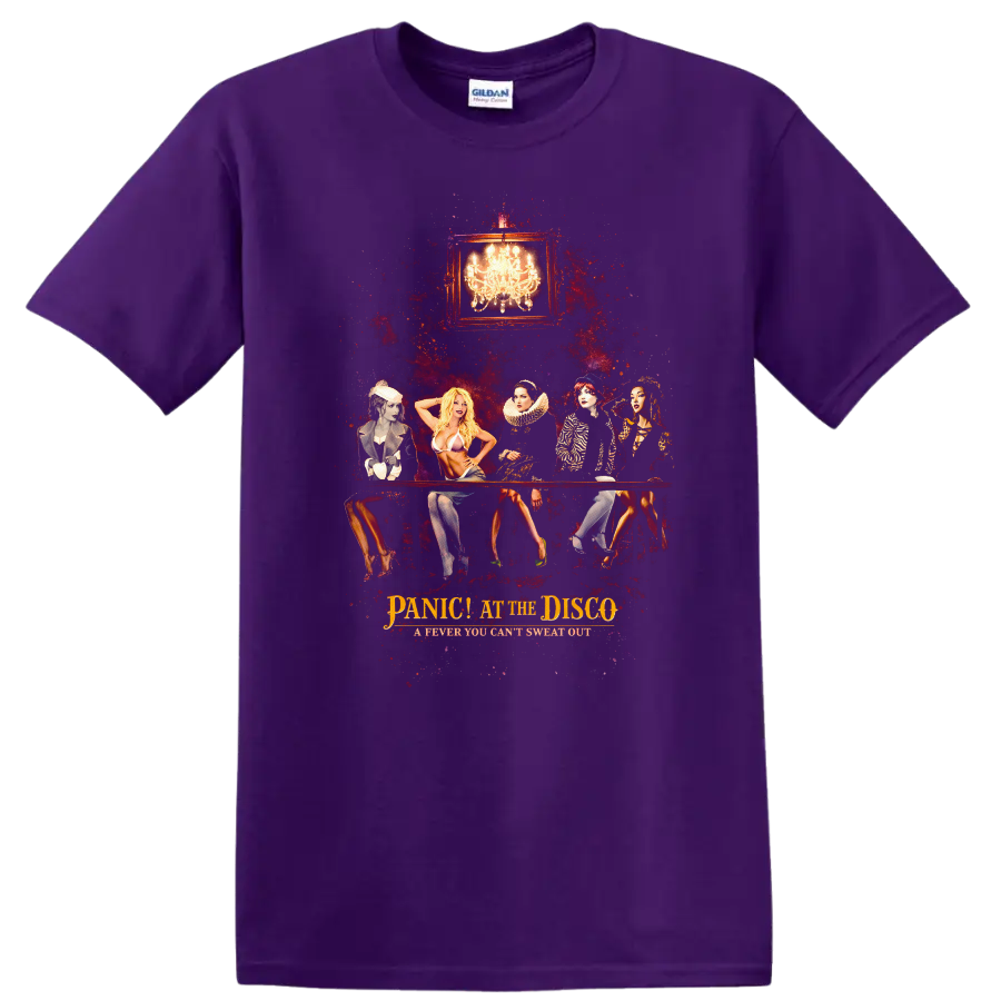 Vintage Classic Rock Album Cover Art T Shirt featuring Panic! at the Disco on a Purple T Shirt