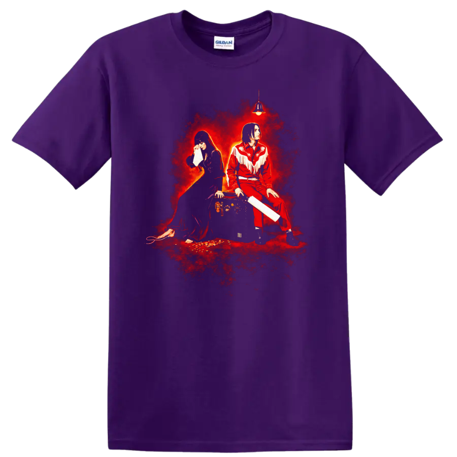 Vintage Classic Rock Album Cover Art T Shirt inspired by The White Stripes on a Purple T Shirt