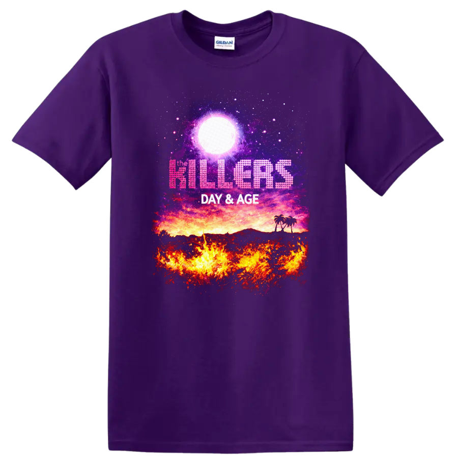 The Killers Day & Age Vintage Classic Rock Album Cover T Shirt on a Purple T Shirt
